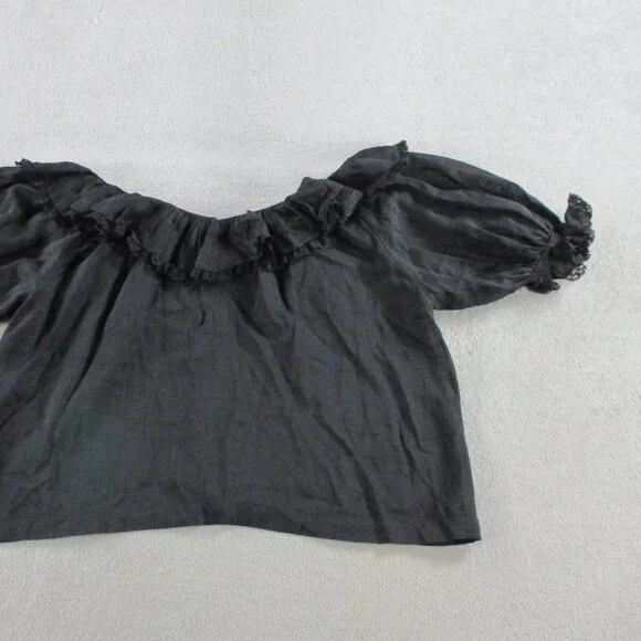 DOEN Samara Top Womens Small Black Ramie Tencel Blend Lace Ruffles Puff Sleeve - Picture 7 of 14